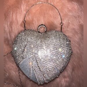 Heart shaped purse crossbody bag silver sparkle rhinestone fringe ring closure